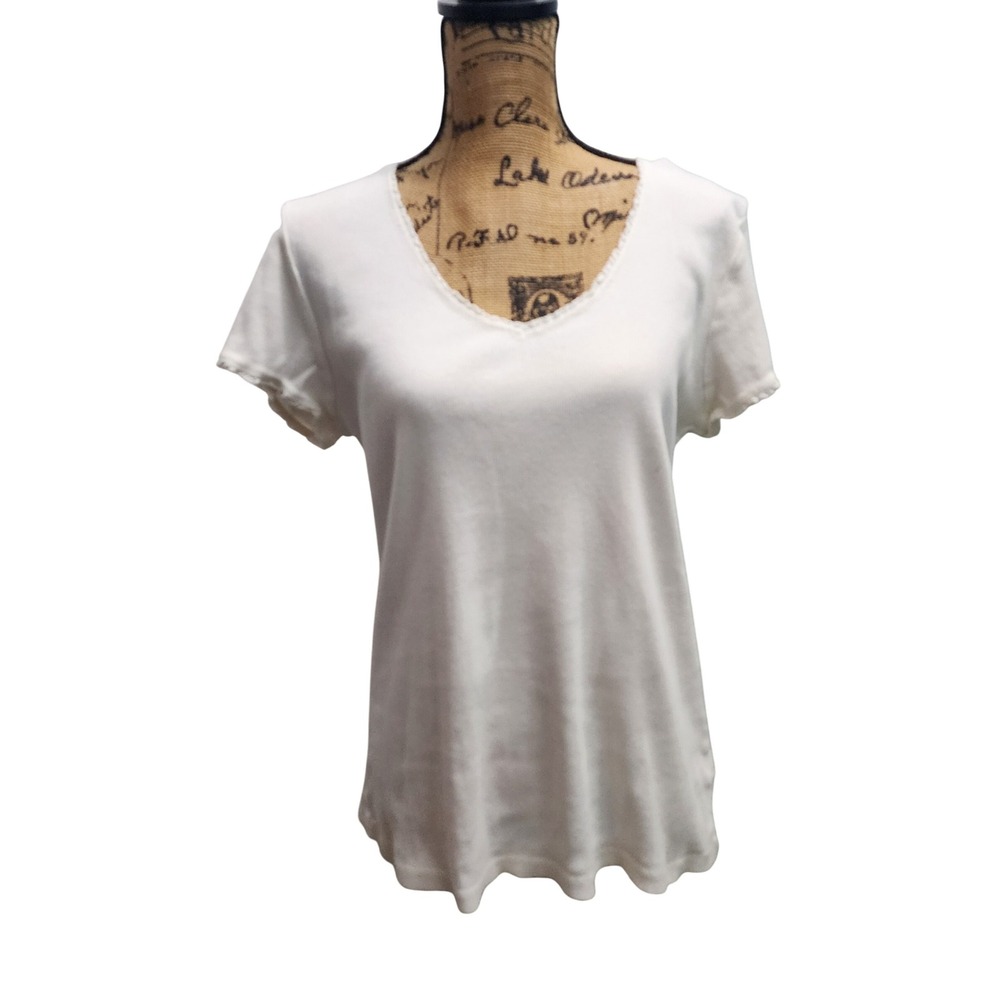 Liz Claiborne Womens XL White Crochet‎ Trim V Neck Short Sleeve Top